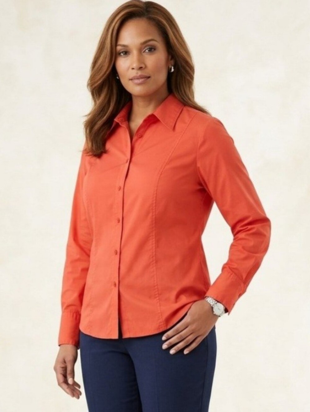 Avenue Plus Size Blouse, Size XL (14/16), Orange, Button-Down, Elastic.